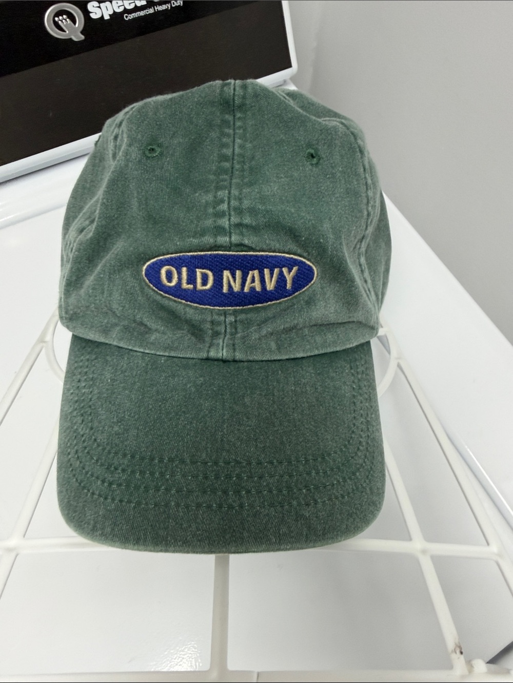 Old Navy Distressed Green Baseball Cap with Blue Logo Patch